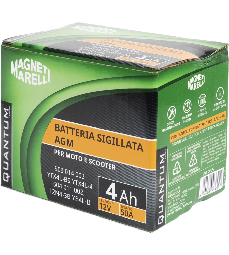 MAGNETI MARELLI BATTERIA MOTO E SCOOTER 4AH 12V 50A TECNOLOGIA AGM SIGILLATA POLO POSITIVO DESTRO